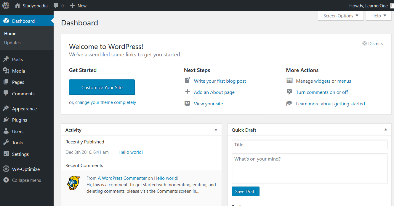 Panel de administración de Wordpress